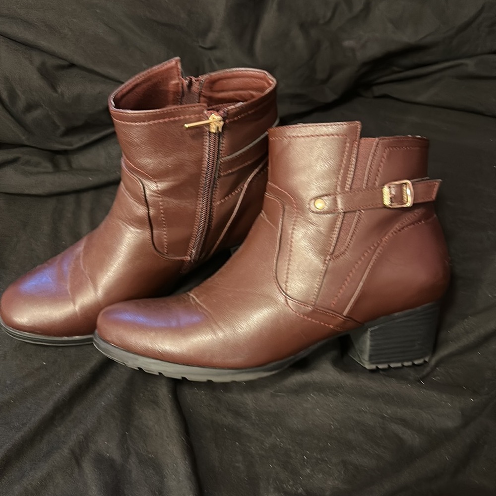 Wide brown boots.  Slightly worn